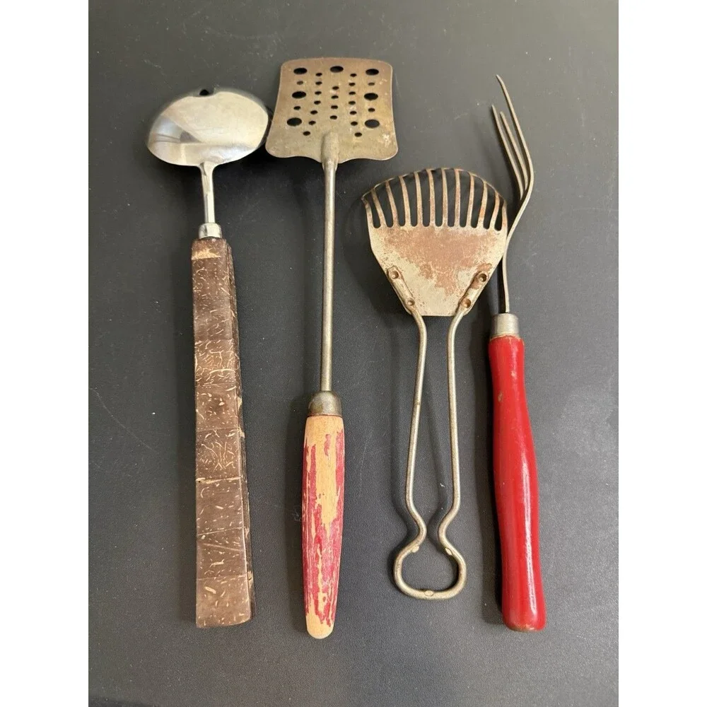 Vintage Rustic Farmhouse Kitchen Utensils Red Wood Handles